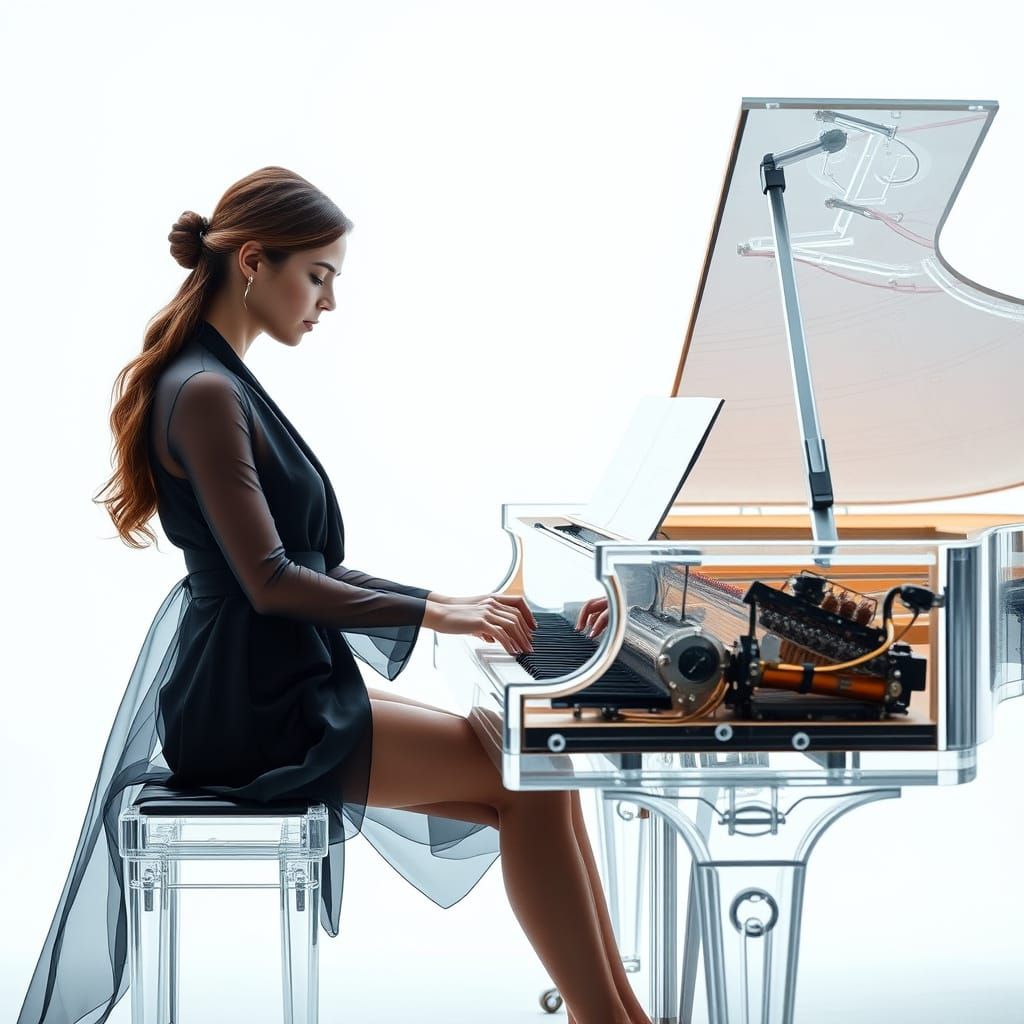 Woman Playing Transparent Piano in Hyperrealistic Photo