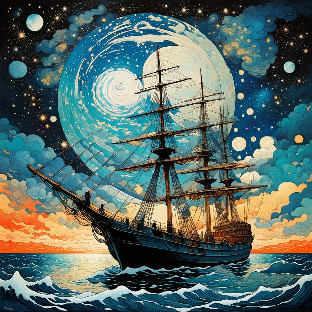 Ship Sails the Milky Way: Ukiyo-e Art Nouveau Painting