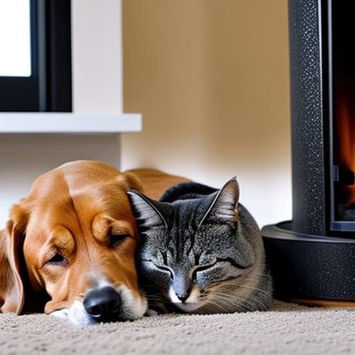 Dog and Cat Napping by Fireplace