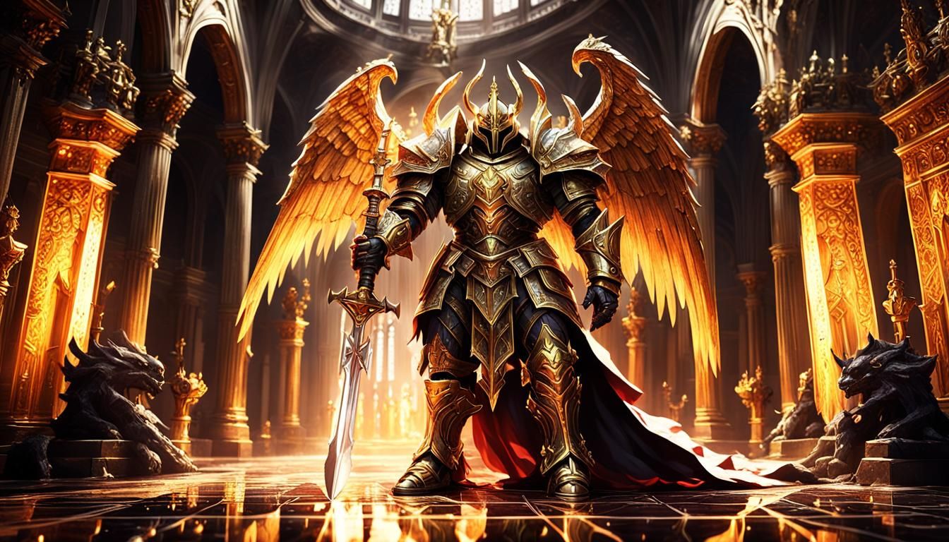 Fallen God Knight with Magma Sword in Gothic Hallway