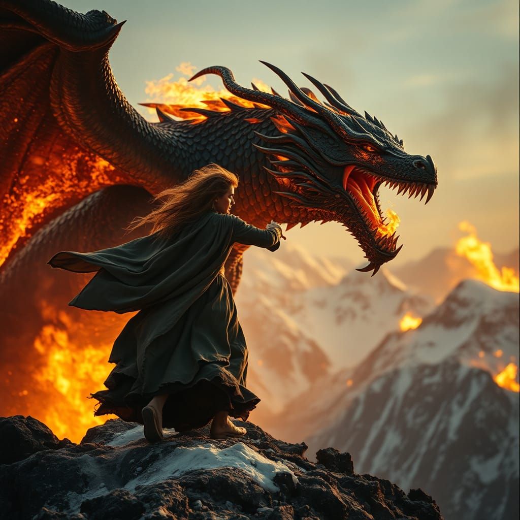 Woman Battles Dragon Amidst Fiery Landscape
