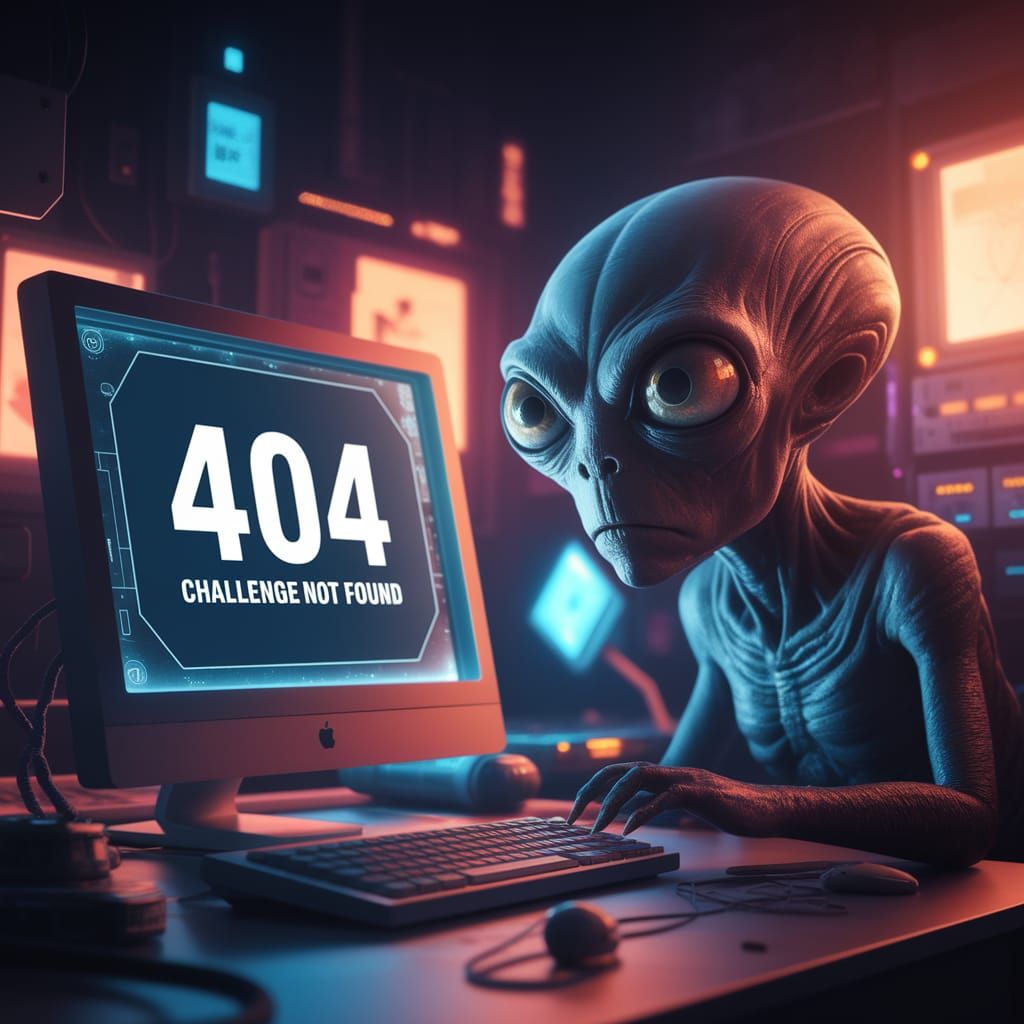 Surprised Alien Stares at Error Message in Futuristic Room