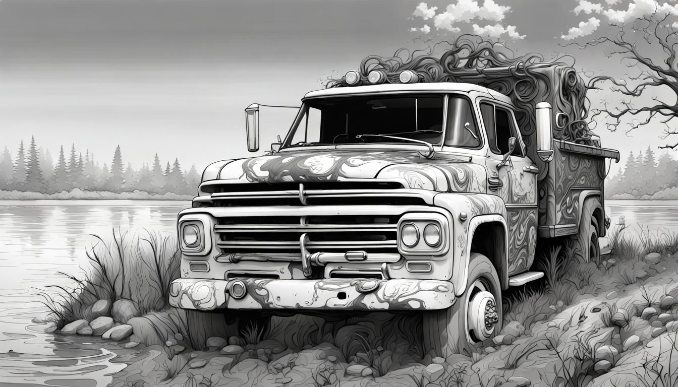 Detailed Hemi Truck in Coloring Book Style