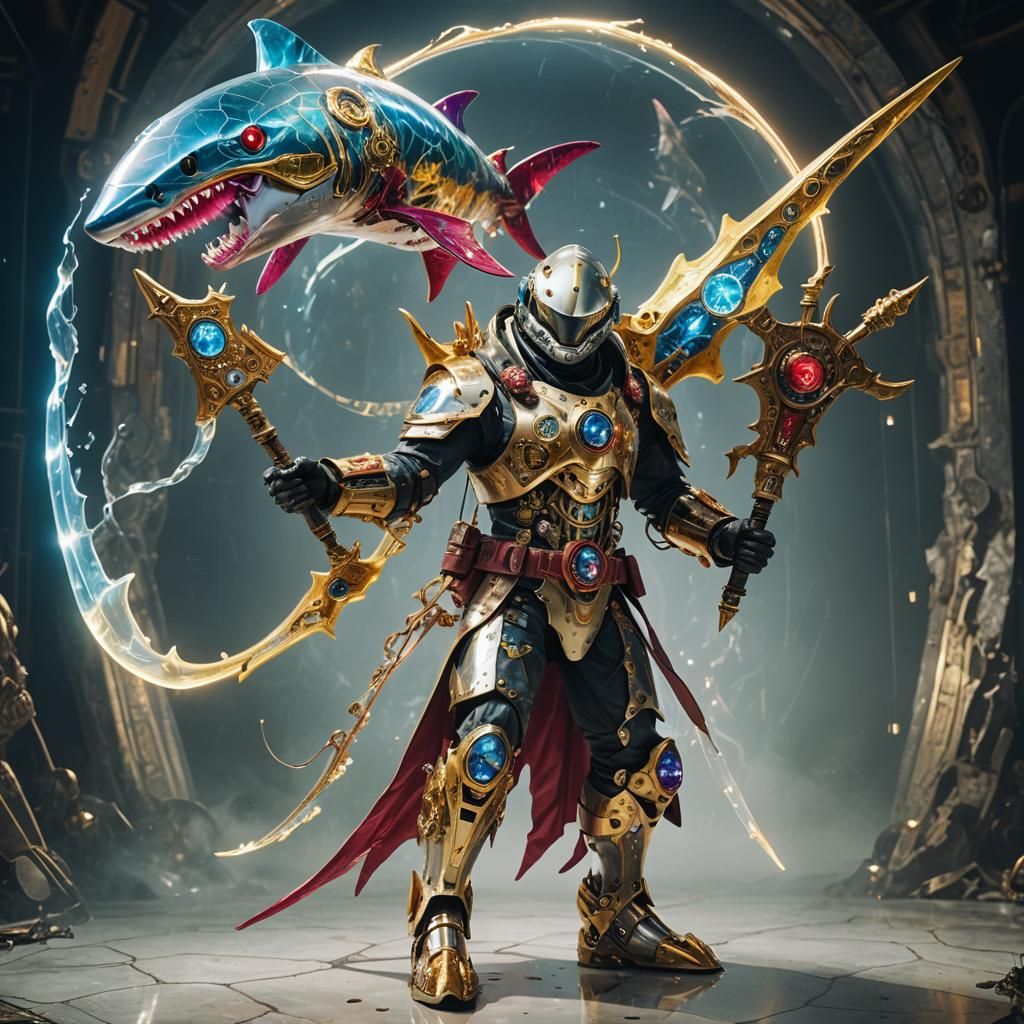 Steampunk Holographic Shark Wizard with Axe