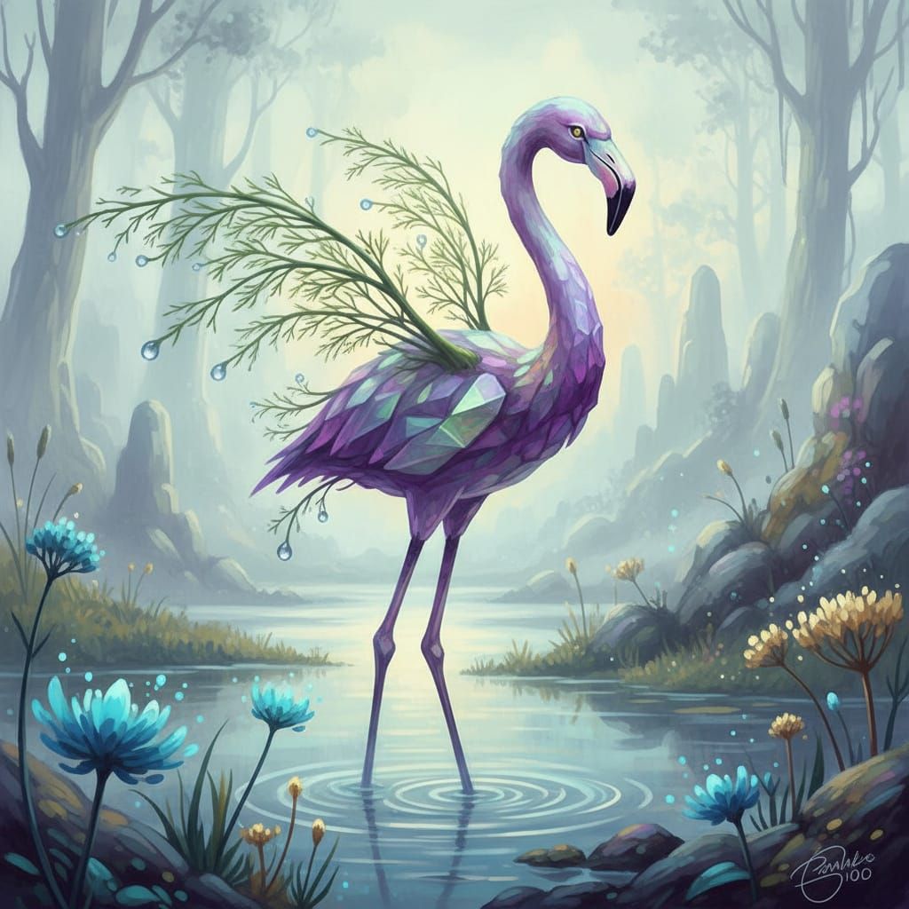 Fluorite Flamingo with Fennel Wings in Misty Marsh