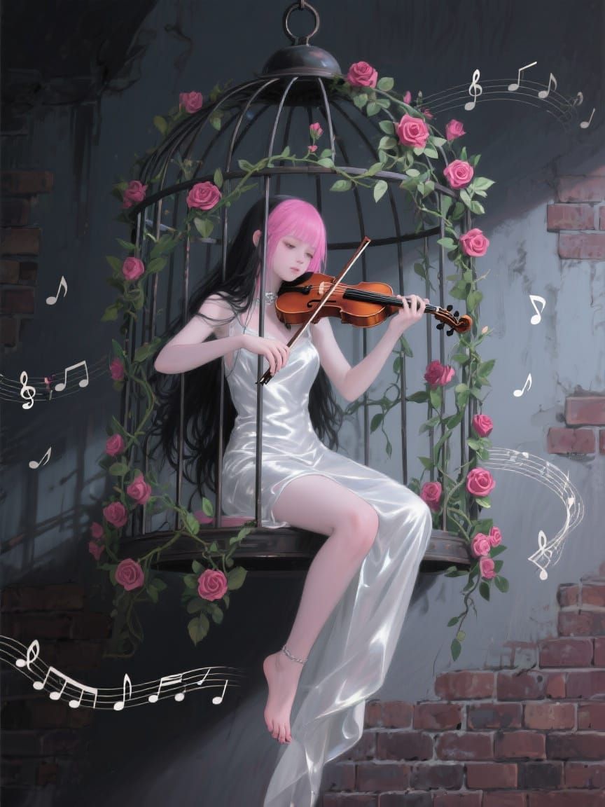Girl in Birdcage with Violin: Digital Art