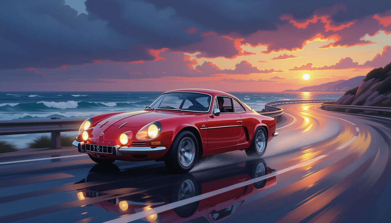 1972 Alpine A110 Speeds Down Coastal Road at Dusk