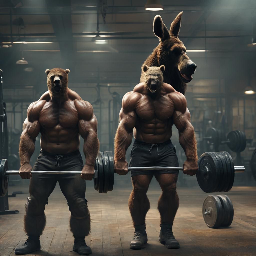 Muscular Bear and Hare Working Out in Gym