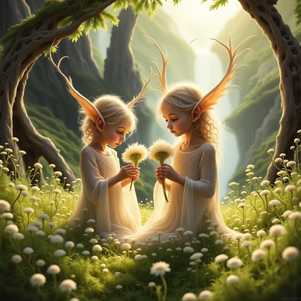 Elven Twins in Vibrant Alpine Meadow