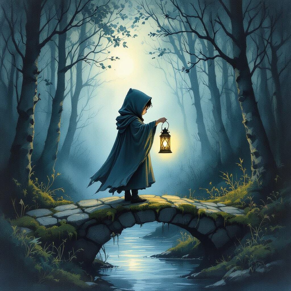 Ethereal Child with Lantern in Twilight Forest