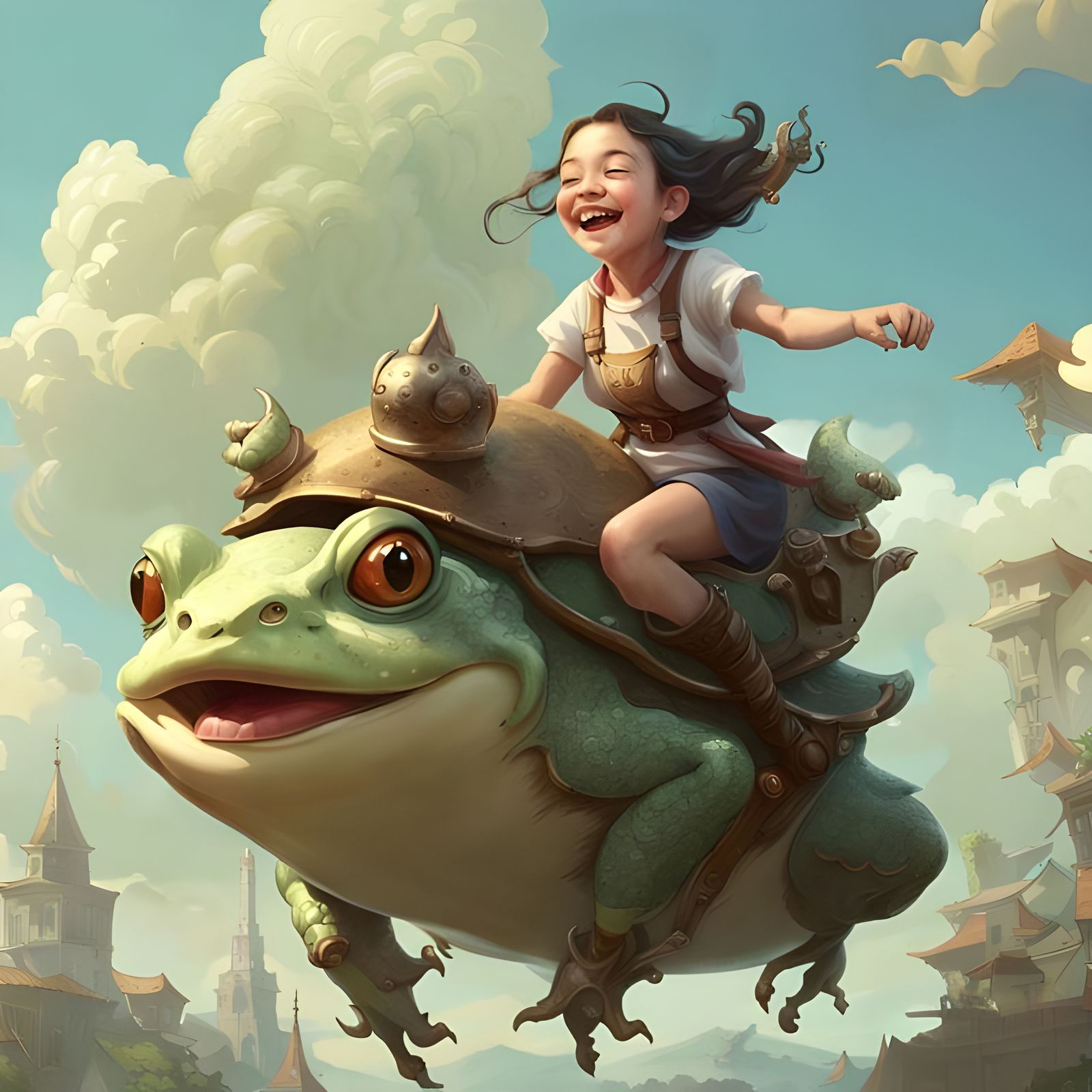 Child with Flying Frog in a Blue Sky
