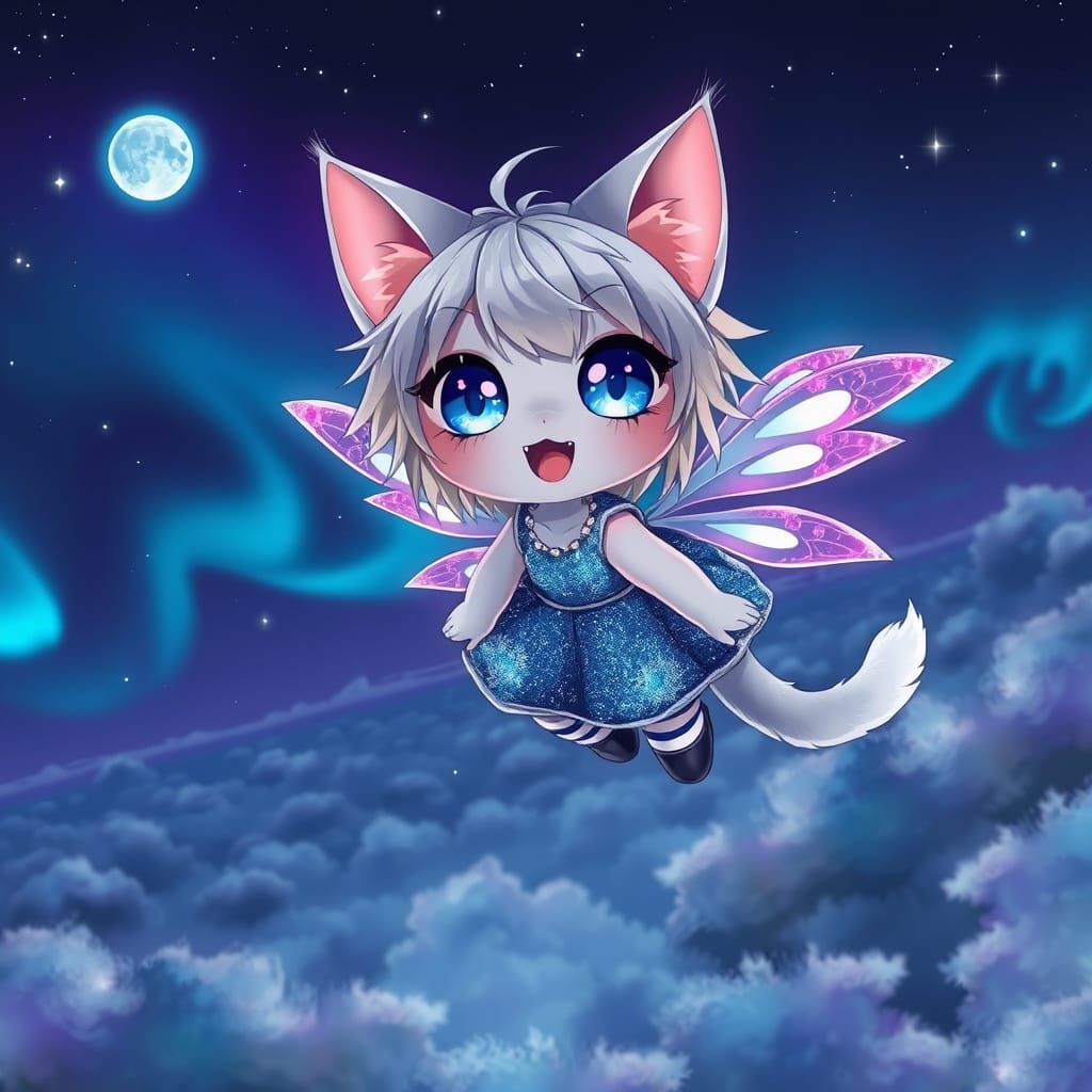 Anime Catgirl Soars Through a Magical Night Sky