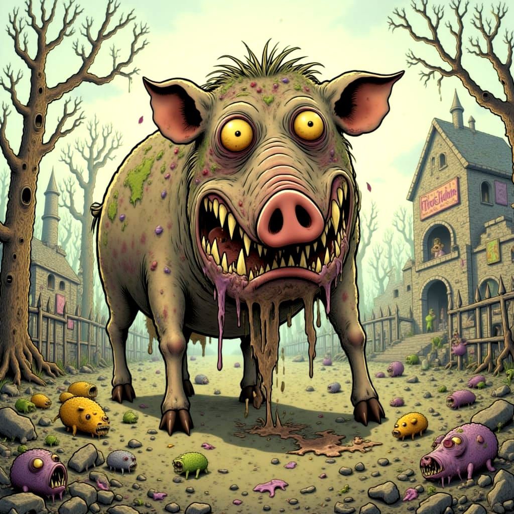 Dreamlike Zombie Boar Emerges From Pastel Mist