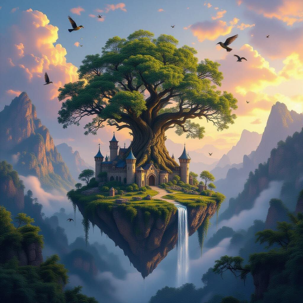 Floating Island With Castle and Giant Tree