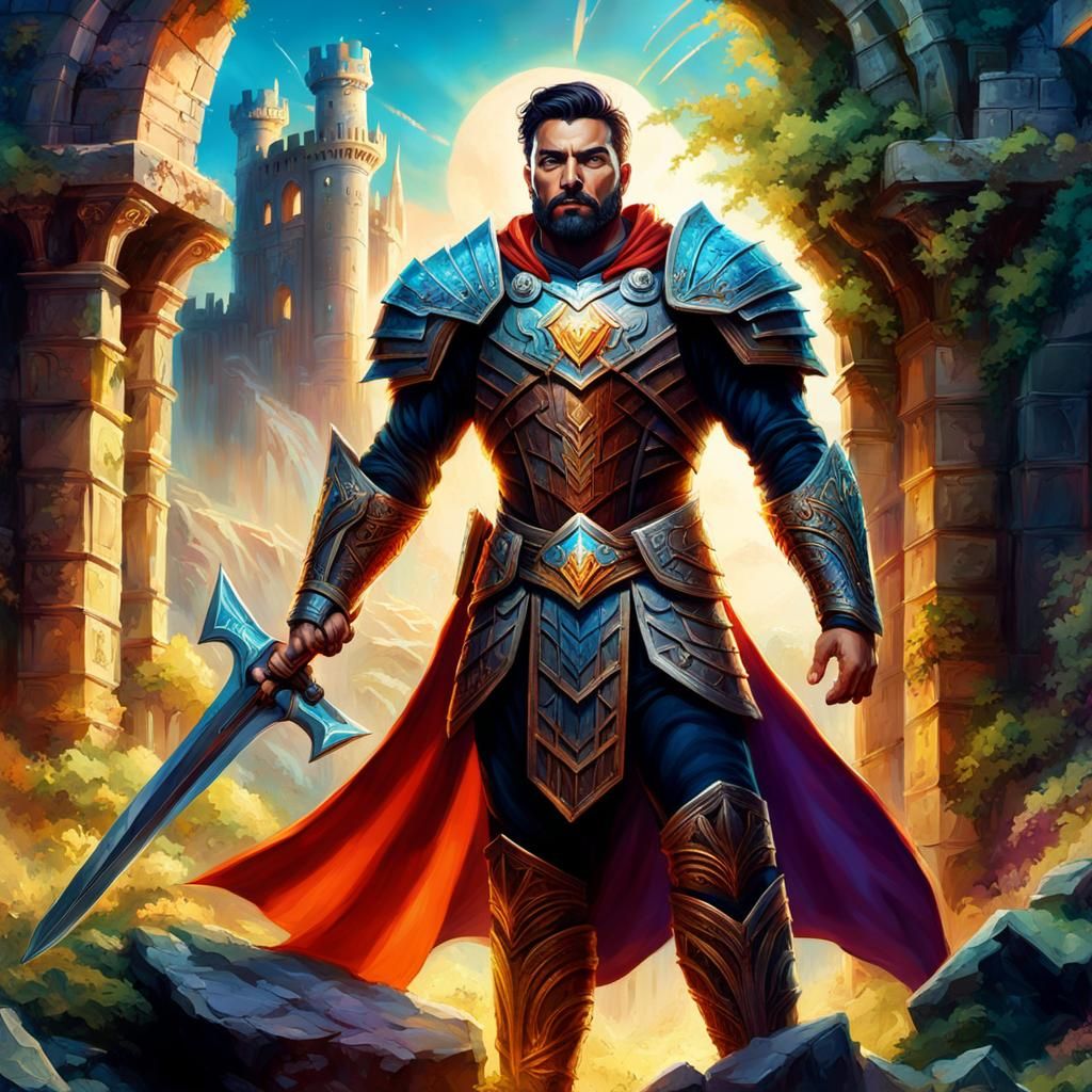Heroic Warrior in Castle Ruins: Art Nouveau Oil Painting