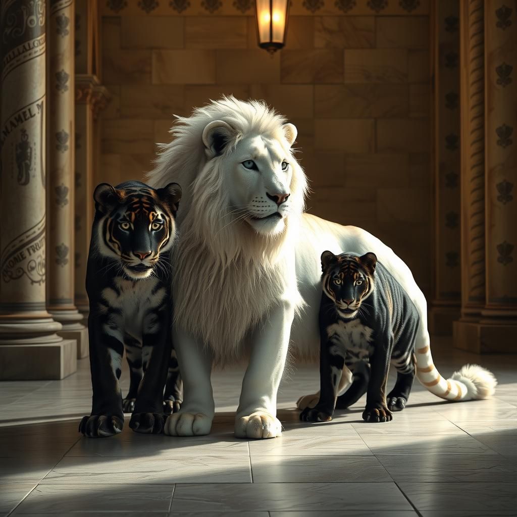 White Lioness and Black Panther in Palace
