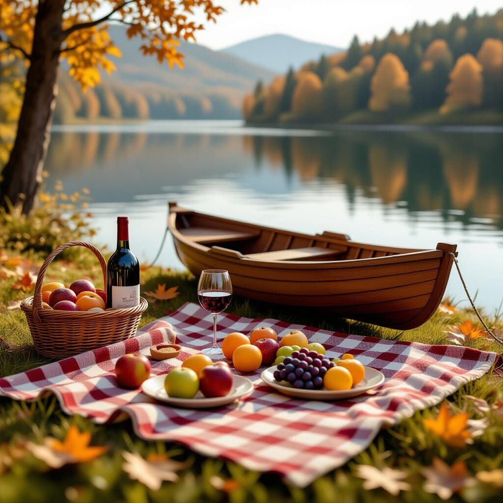 Miniature Autumn Picnic Scene with Boat on Lake