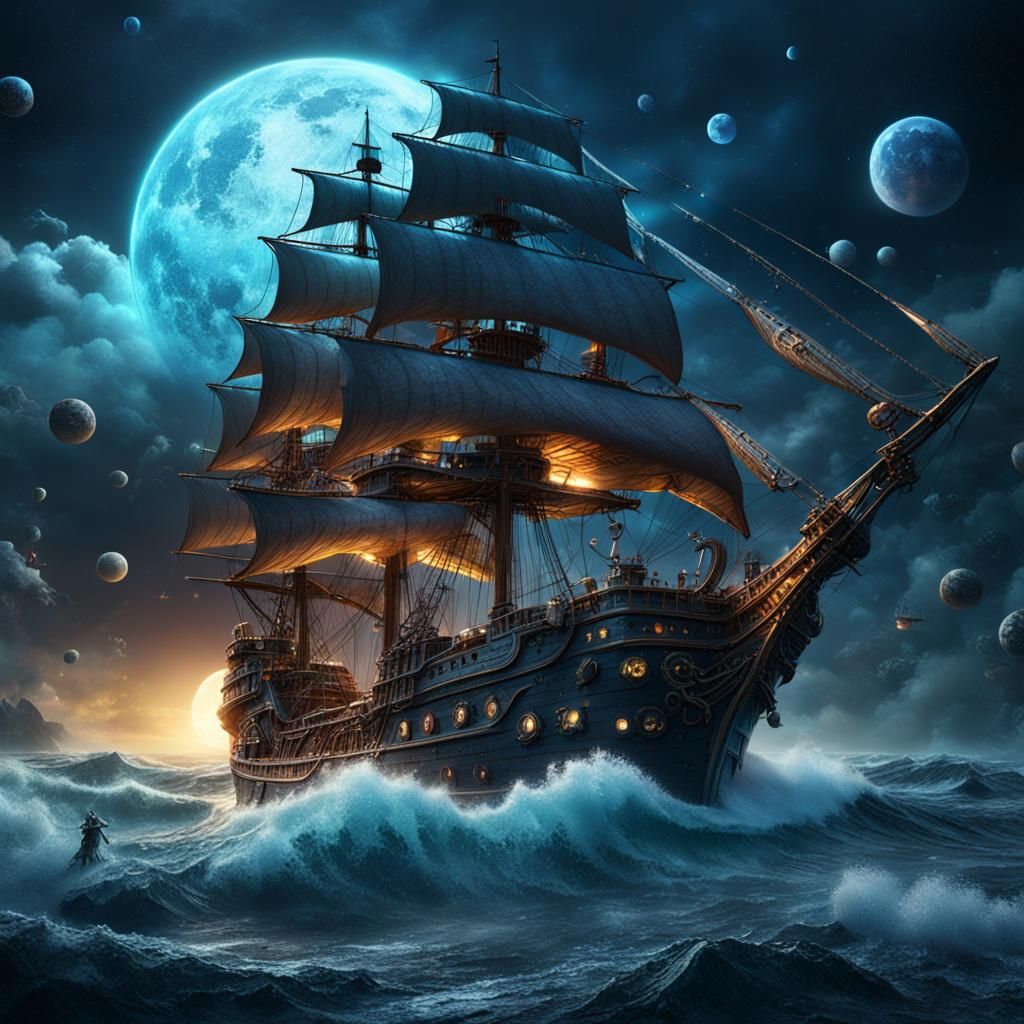 Pirate Ship and Octopus in Stormy Seas