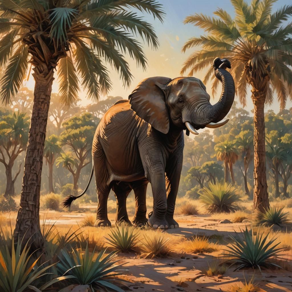 Elephant Knocks Palm in Sunlit Savannah Painting