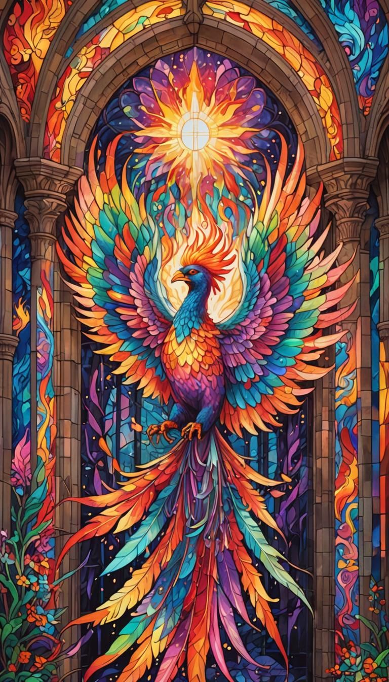 Phoenix Rising in Psychedelic Stained Glass