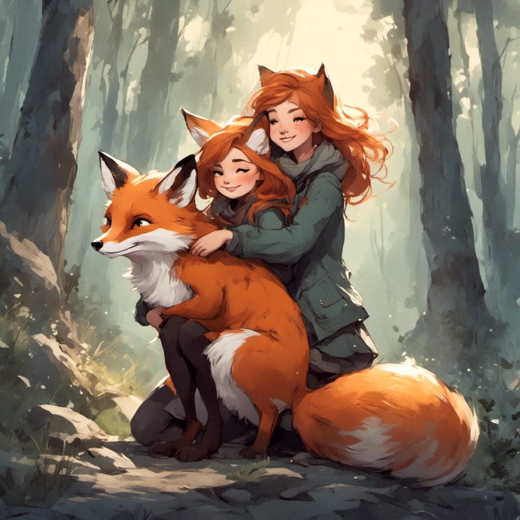 Fox-girl VIXEN and Kitt (age 8) hugging a fox in the woods.