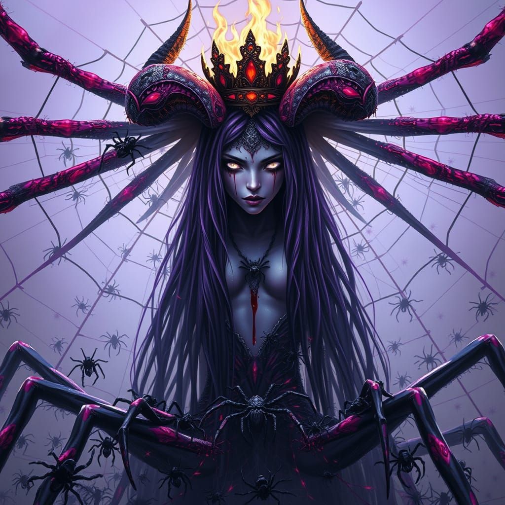 Spider Goddess with Burning Crown in Dark Fantasy Style