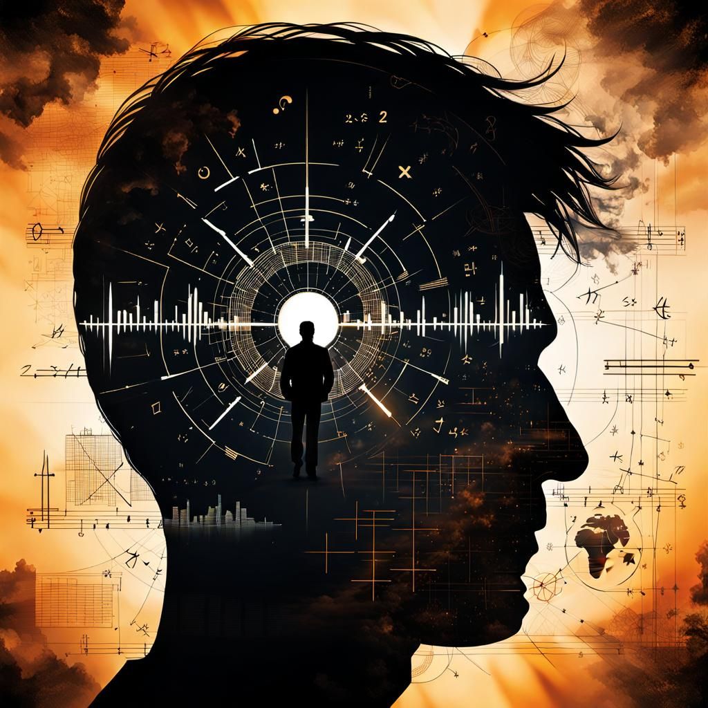 Man's Silhouette with Math Symbols Double Exposure Art