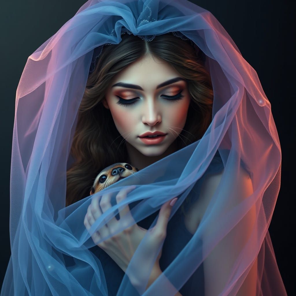 Whimsical Priestess in Sapphire Veil with Otter