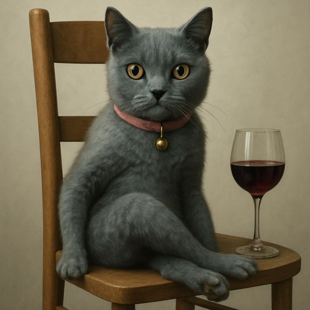 Surreal Grey-Blue Cat Sipping Red Wine