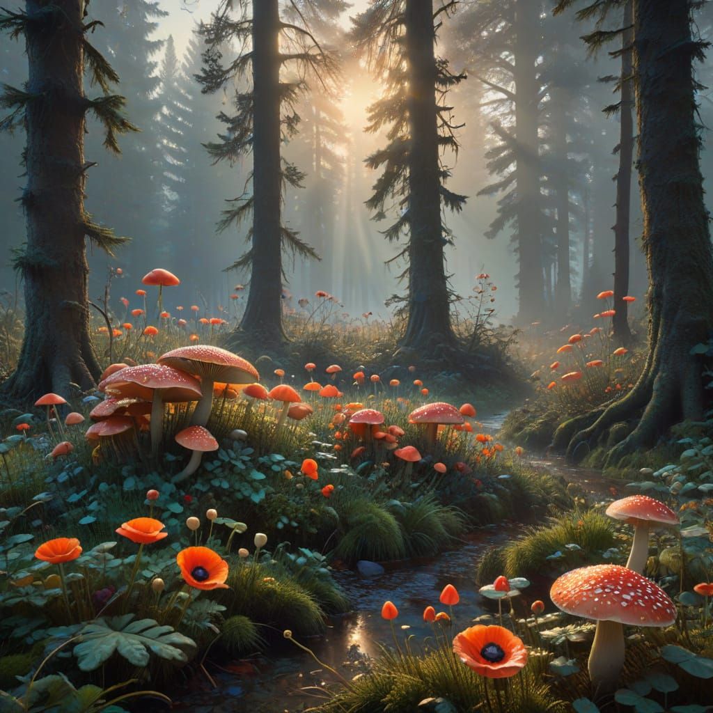 Foggy Forest Clearing with Dewy Mushrooms and Poppies