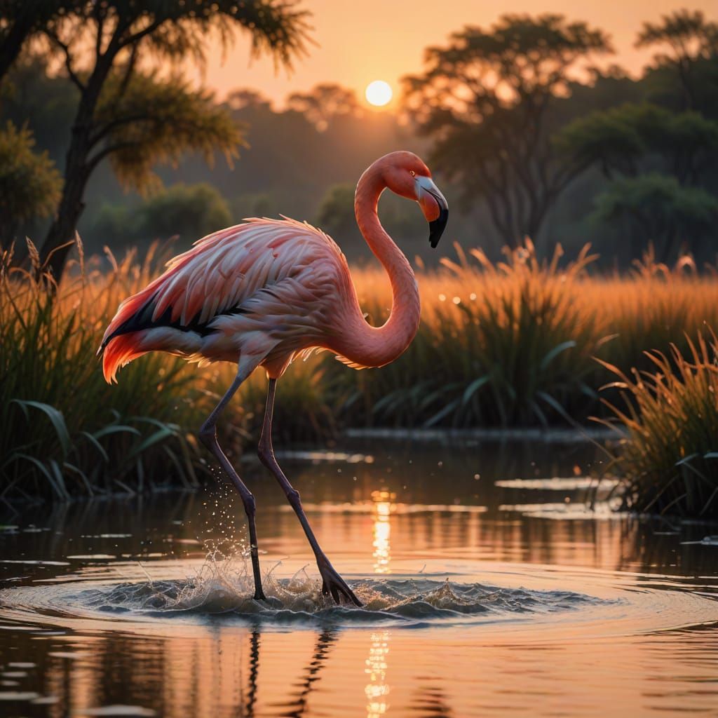 Majestic Pink Flamingo at Dusk in Serene Marshes