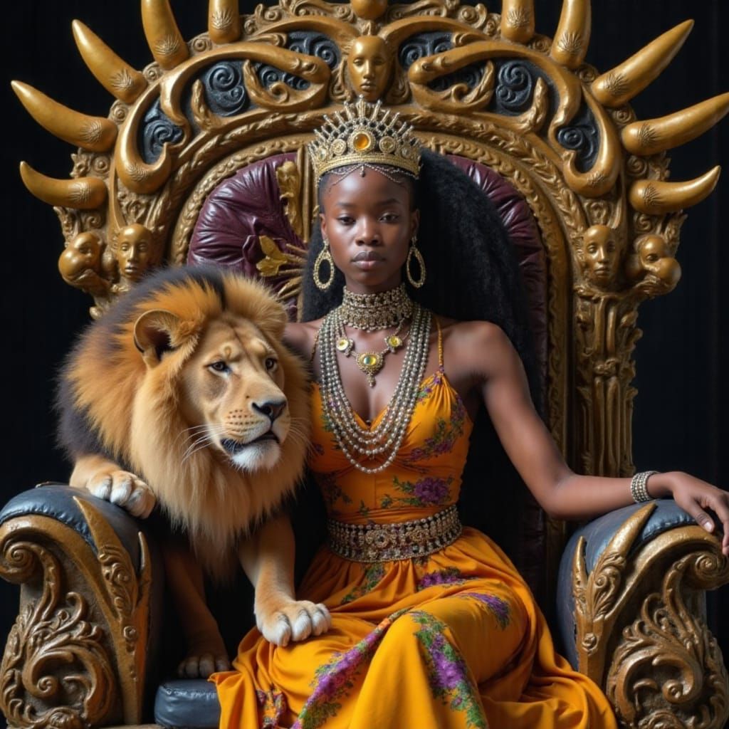 African Queen of Splendor in Regal Throne