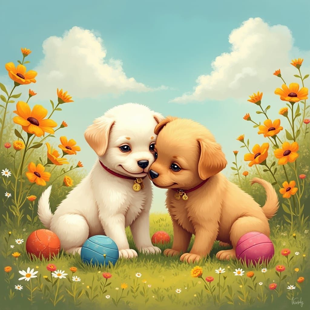 Whimsical Puppies Frolic in a Vibrant Meadow