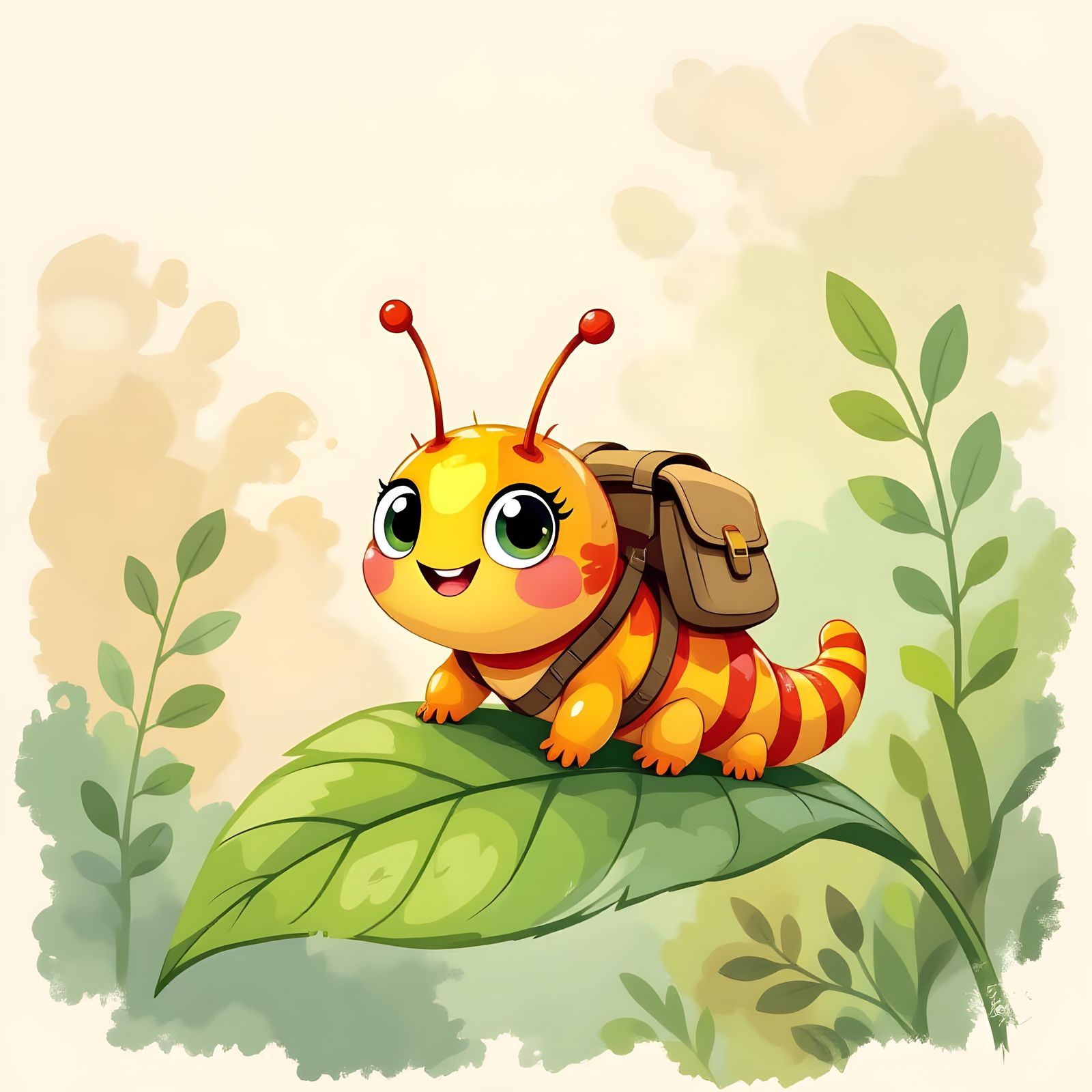Excited Caterpillar's Butterfly Dreams: Watercolor Cartoon