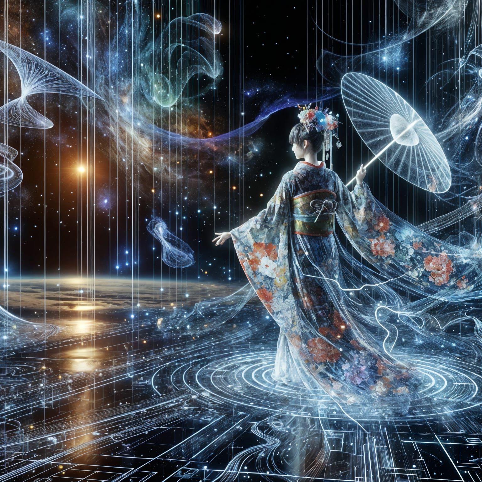 Holographic Dancer Glitching in Cosmic Digital Stage