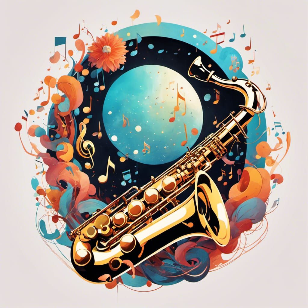 Whimsical Saxophone with Floating Musical Symbols