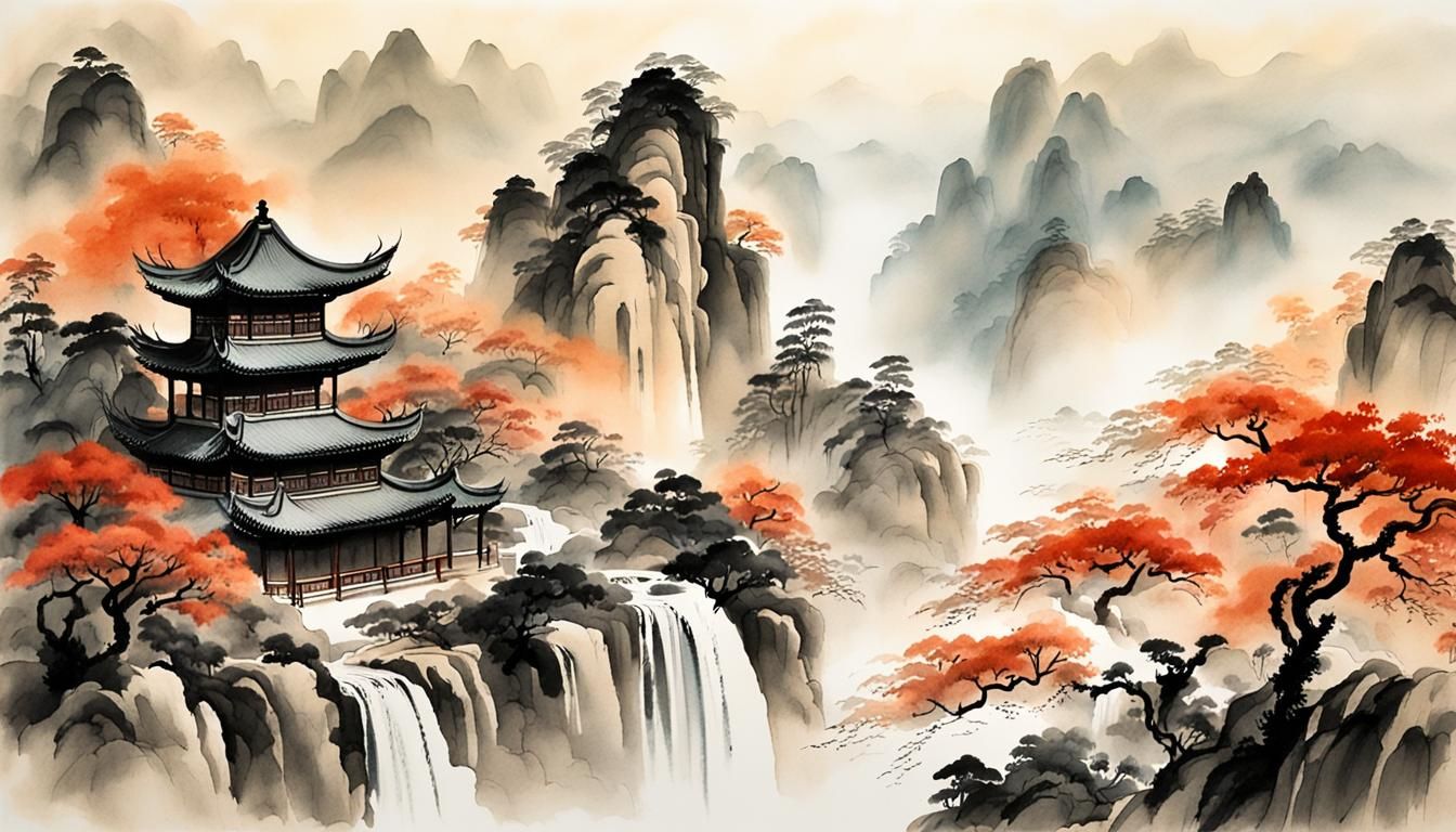 Scholars in Mountain Landscape: Chinese Ink Wash Painting