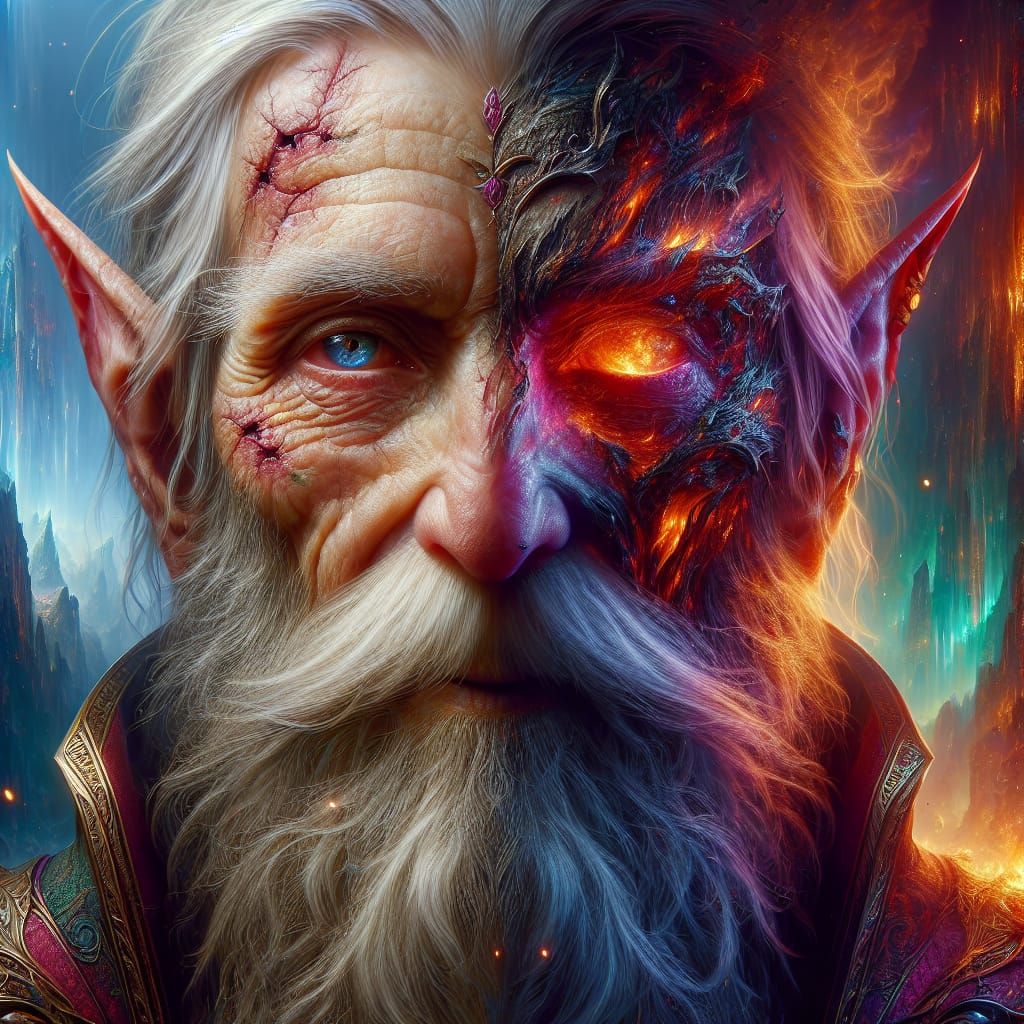 Elderly Elf Sorcerer with Burn Scars