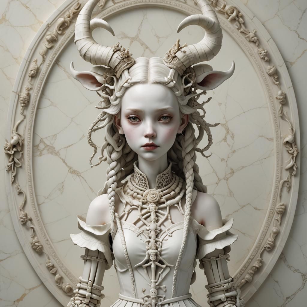 Porcelain Girl with Horns and Bone Braids