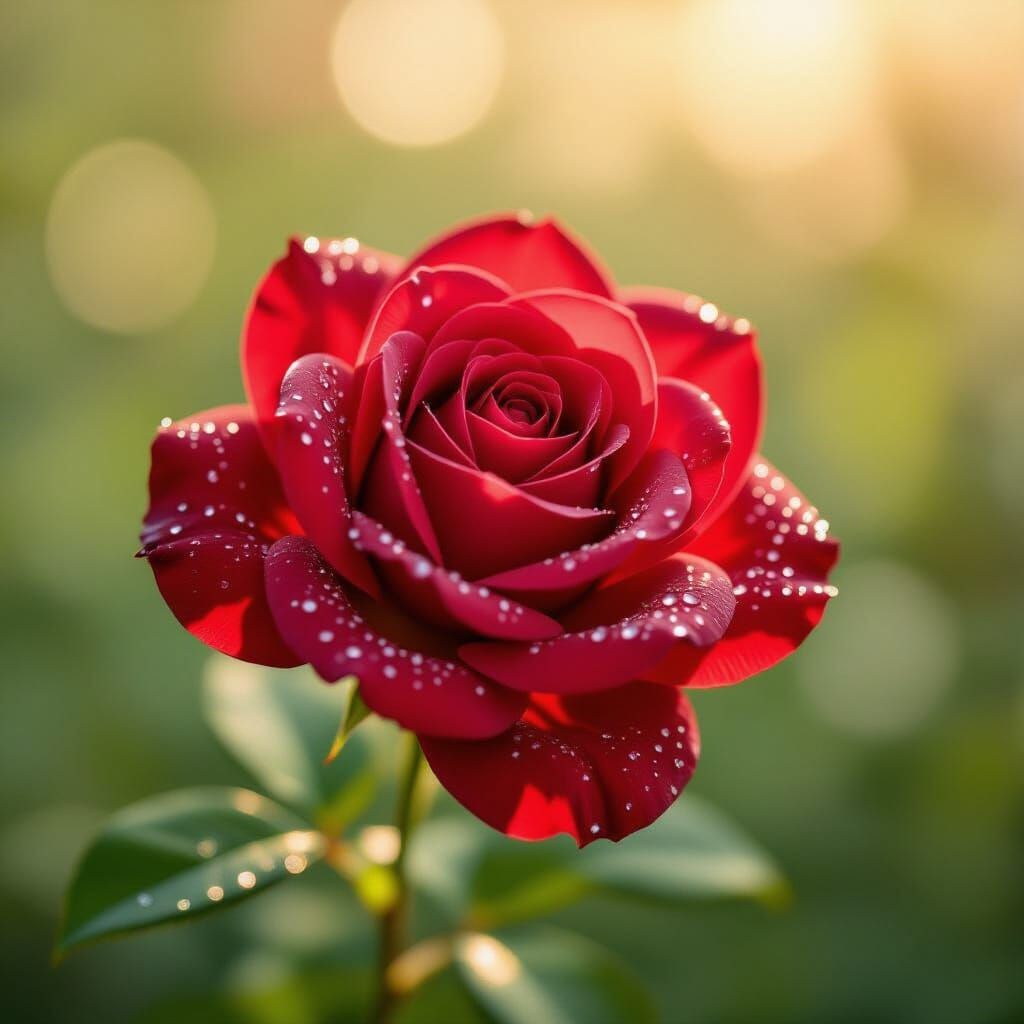 Realistic Red Rose with Dew Drops in Bokeh Background
