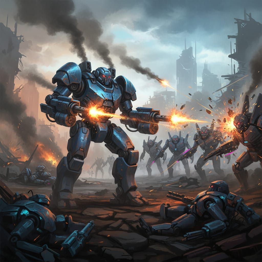 Battle-Worn Robot's Last Stand Against Robot Army