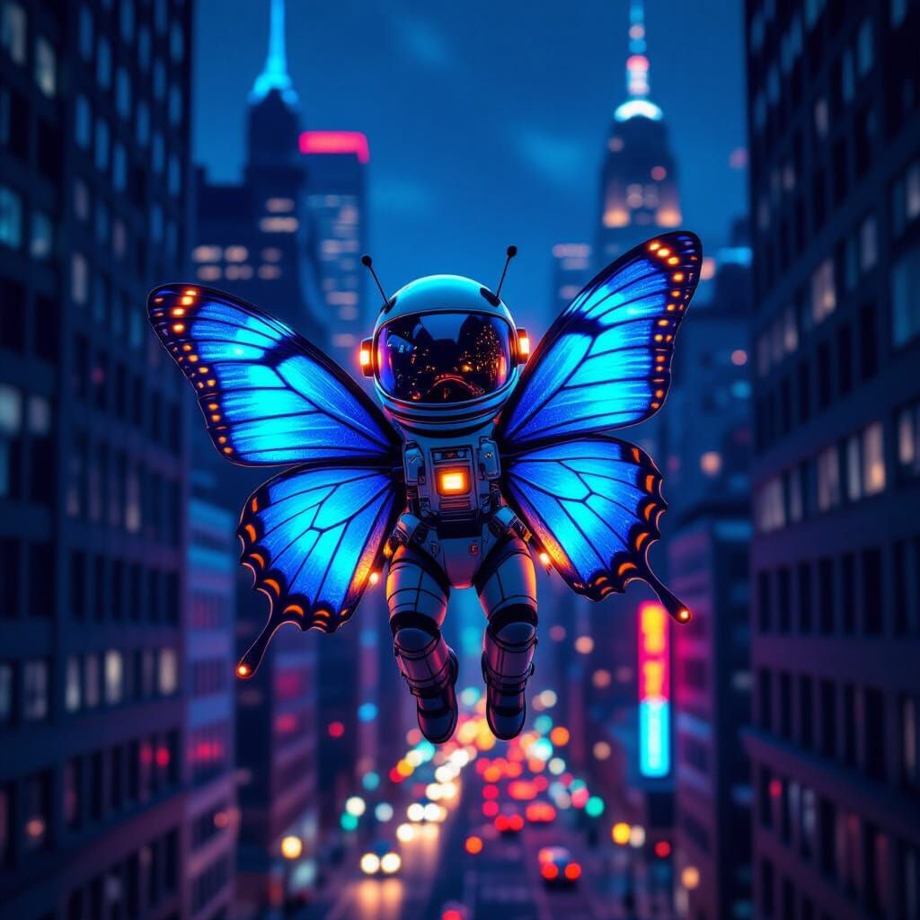 Butterfly Astronaut Explores NYC at Night