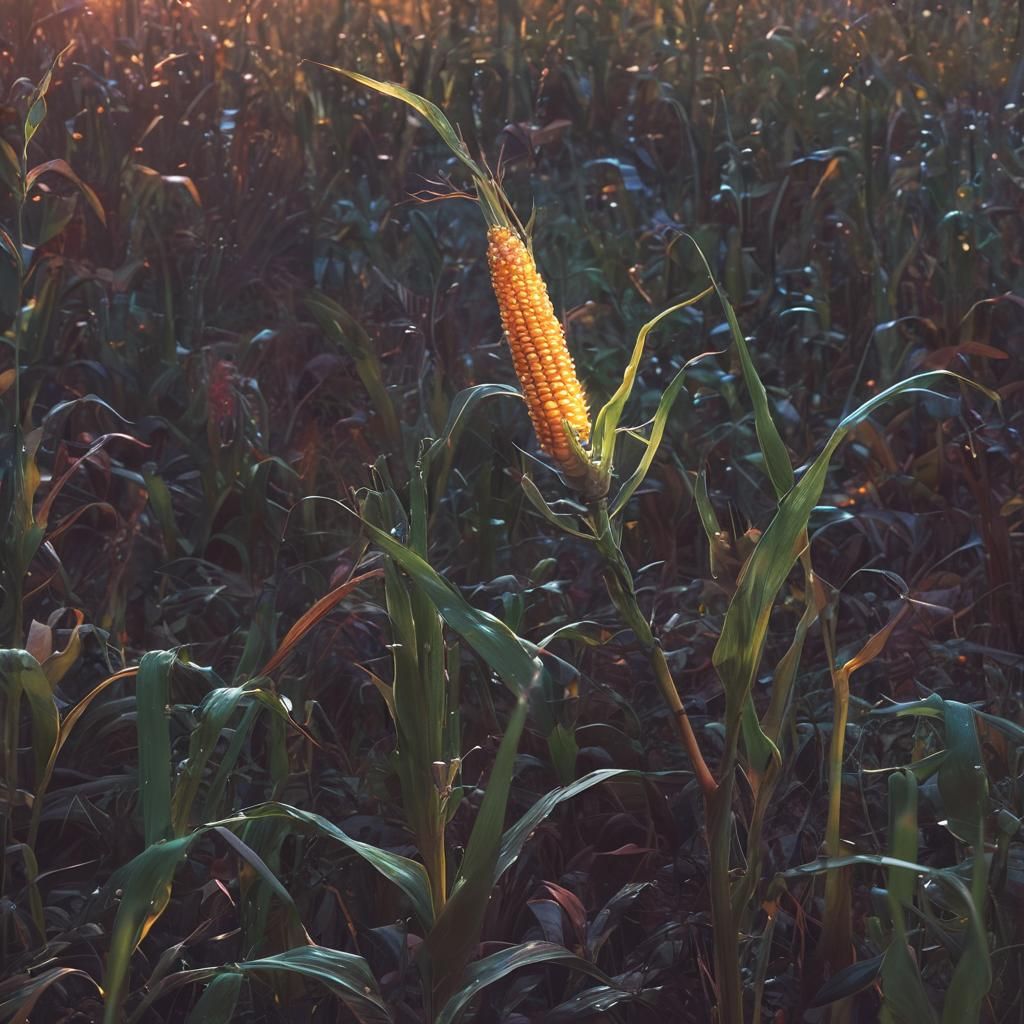 Glowing, Iridescent Corn in a Vibrant Field