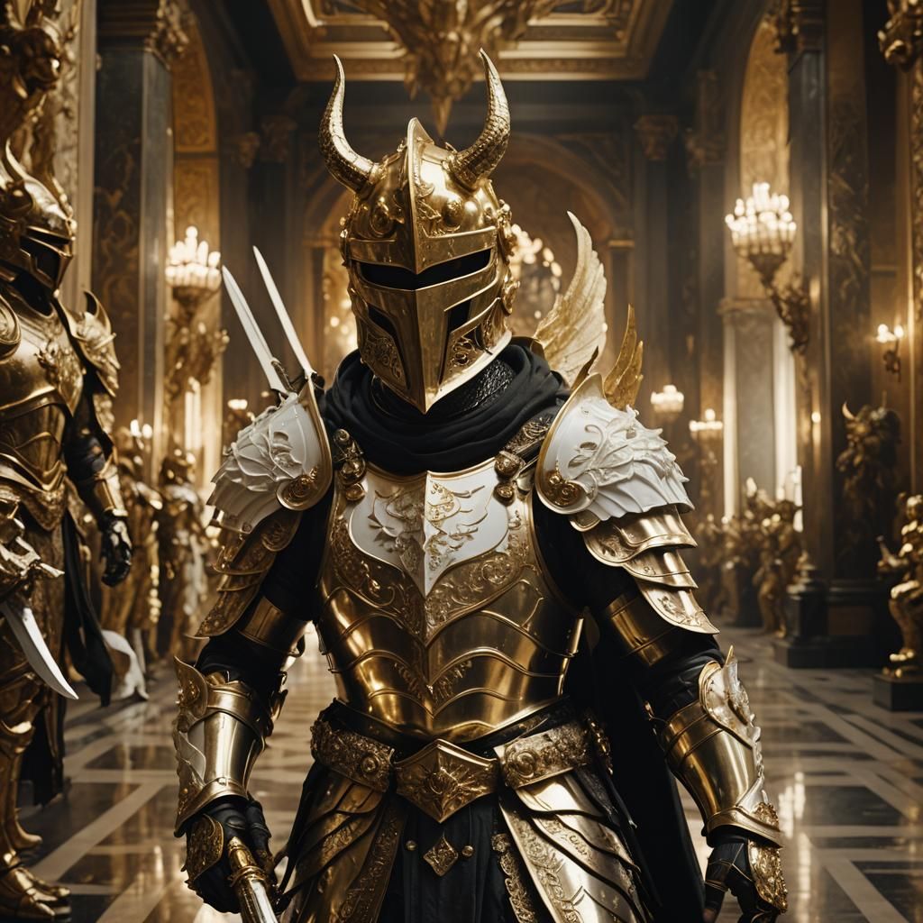 Golden Knight in Grand Hallway: Cinematic Film Still