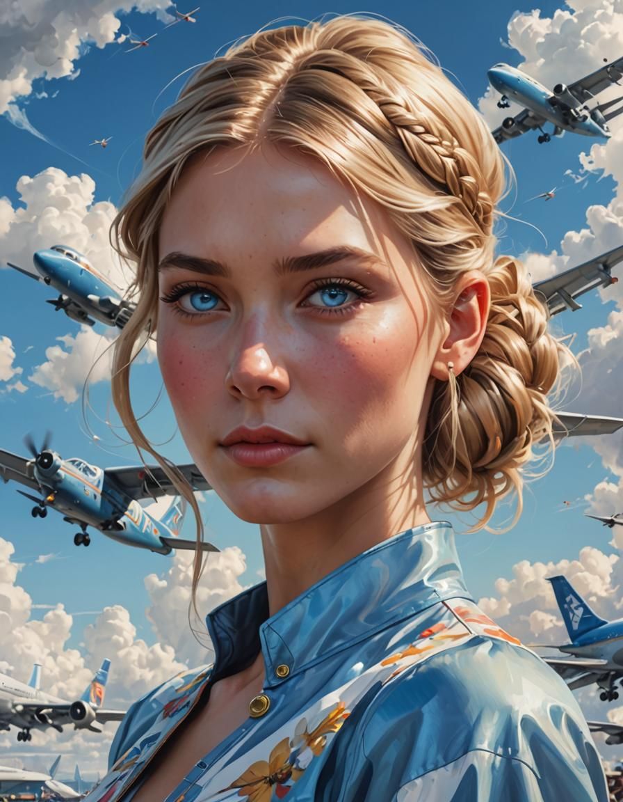 Blonde Woman Portrait with Airplane, Art Nouveau Style