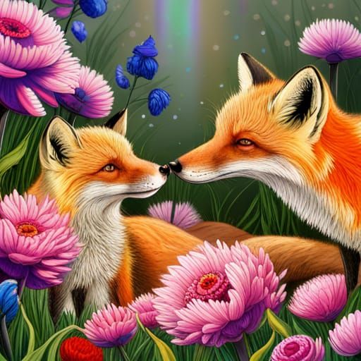Golden Foxes Nuzzle Under Rainbow: Hyperrealistic Art