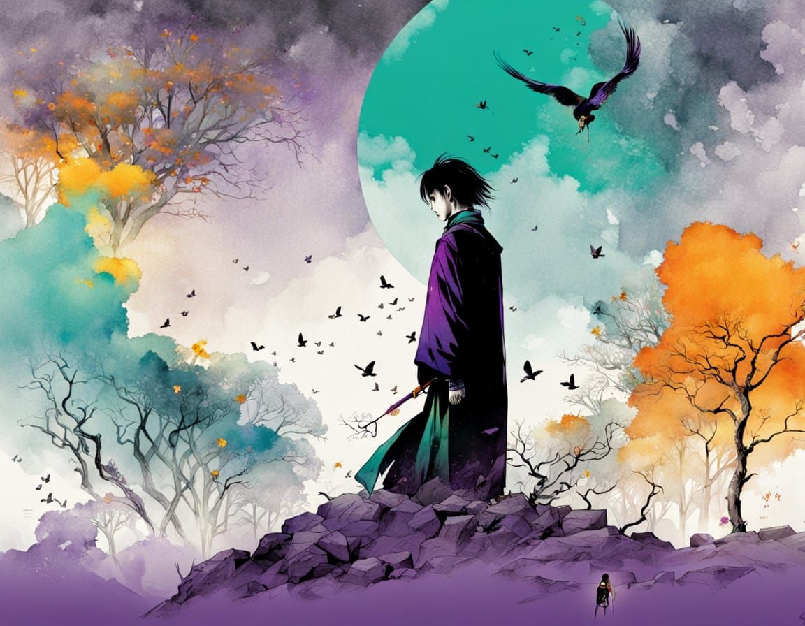 Poetic Graveyard Encounter in Vibrant Colors