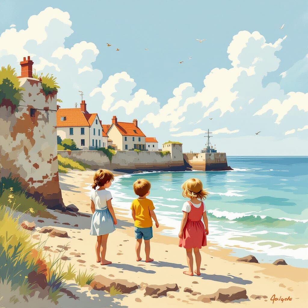 Children's Laughter Echoes in Seaside Town, Digital Painting