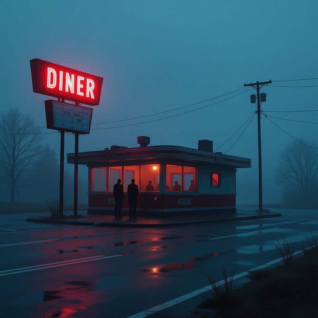 Eerie 1950s Diner at Midnight in Fog