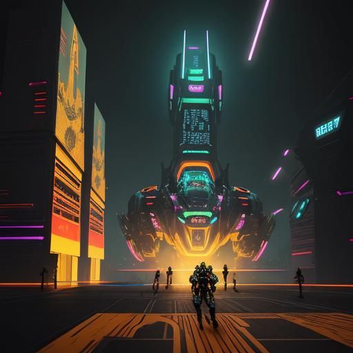 Robot Competes in Futuristic Neon-lit Cyberpunk Stadium